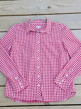 Talbots Red Gingham Button Up Long Sleeve Blouse Size M